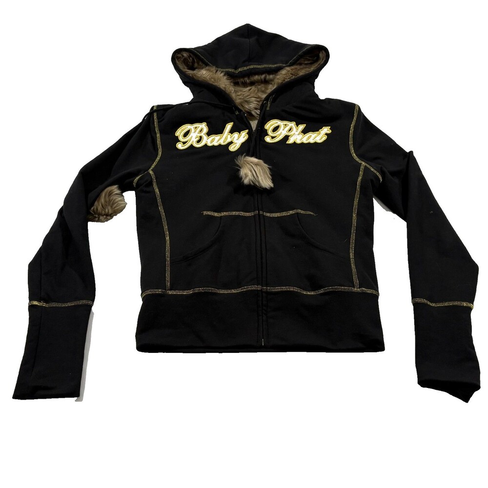 Baby Phat Black Gold Velour Faux Fur Pom Pom Womens Hoodie Vtg Y2K Jacket Sz L